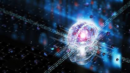 AI brain concept. Conceptual artificial intelligence mind chip in the shape of a brain.