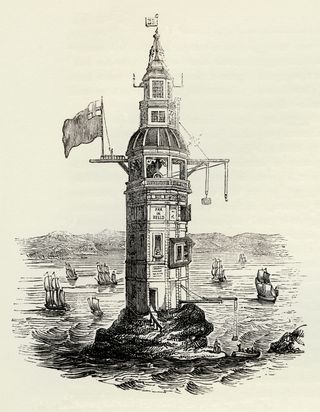 Henry Winstanley's original lighthouse on the Eddystone Rocks. This engraving dates to around 1700.