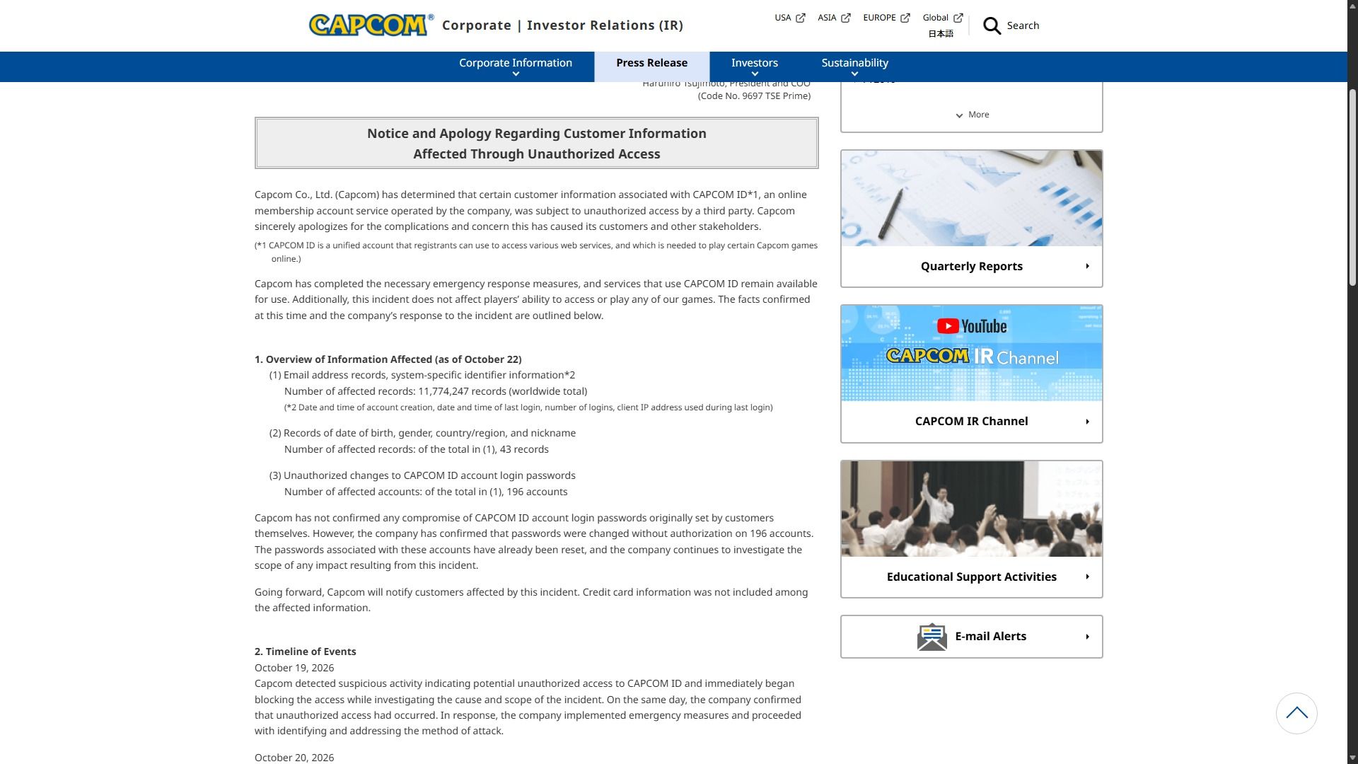 Capcom investor relations webpage displays a formal apology over customer data exposed by unauthorized access, with a serious, official tone.