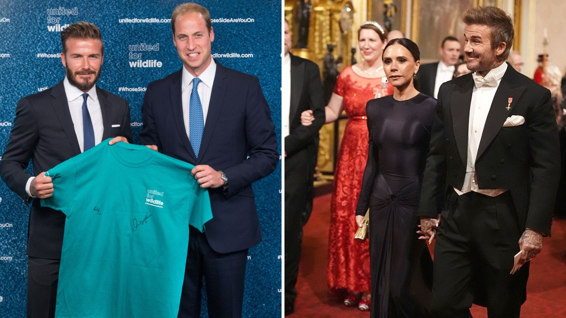 L-David Beckham and Prince William, R-Victoria Beckham and David Beckham attend a royal state banquet