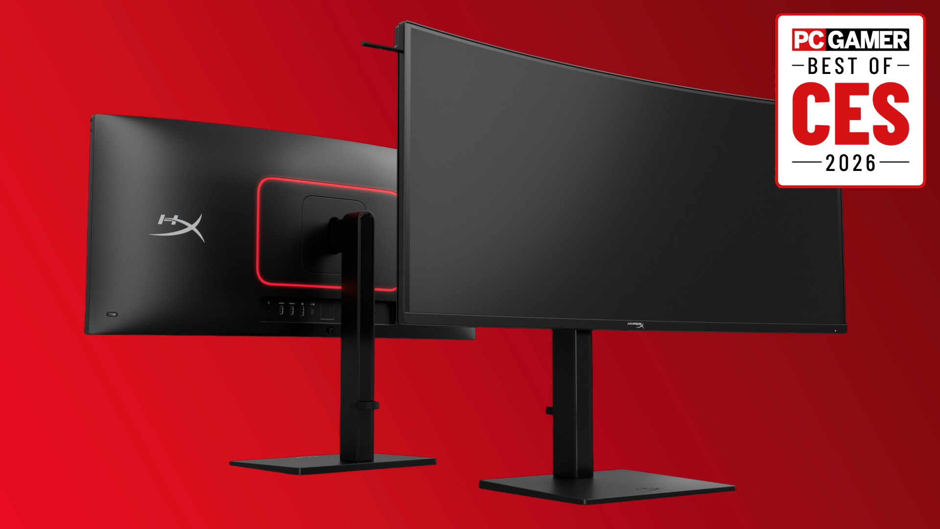 The HyperX Omen 34-inch gaming monitor with Samsung V-Stripe panel on a red background, with the PC Gamer Best of 2026 badge in the top right