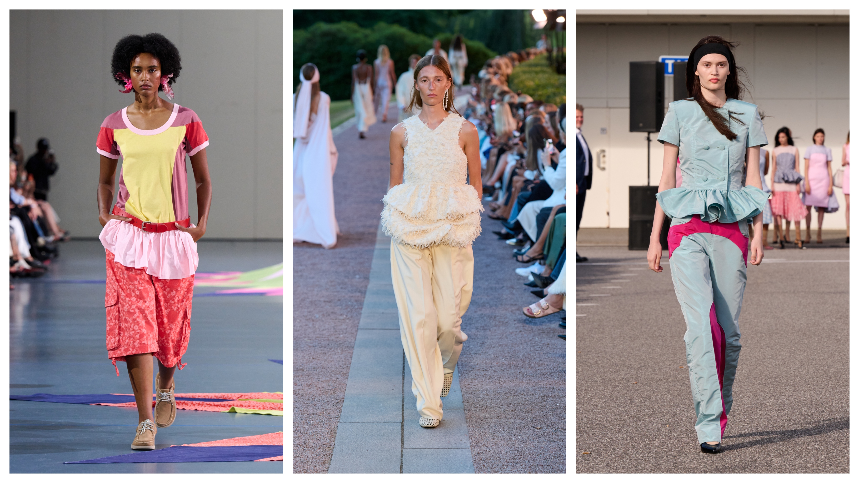 A collage featuring models wearing all-white trend on the runways of Copenhagen Fashion Week spring/summer 2027.