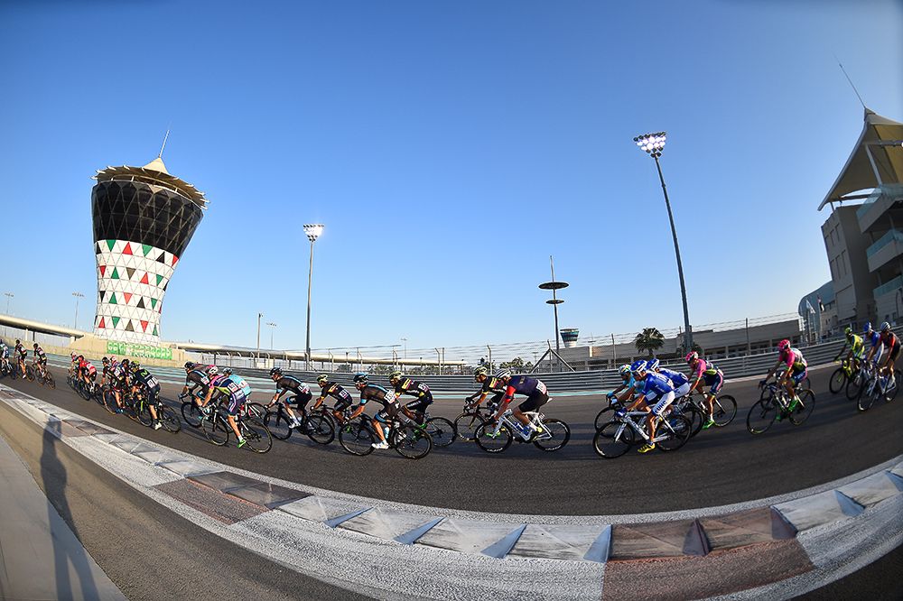 The Abu Dhabi peloton in action at the Yas Marina Formula One track.