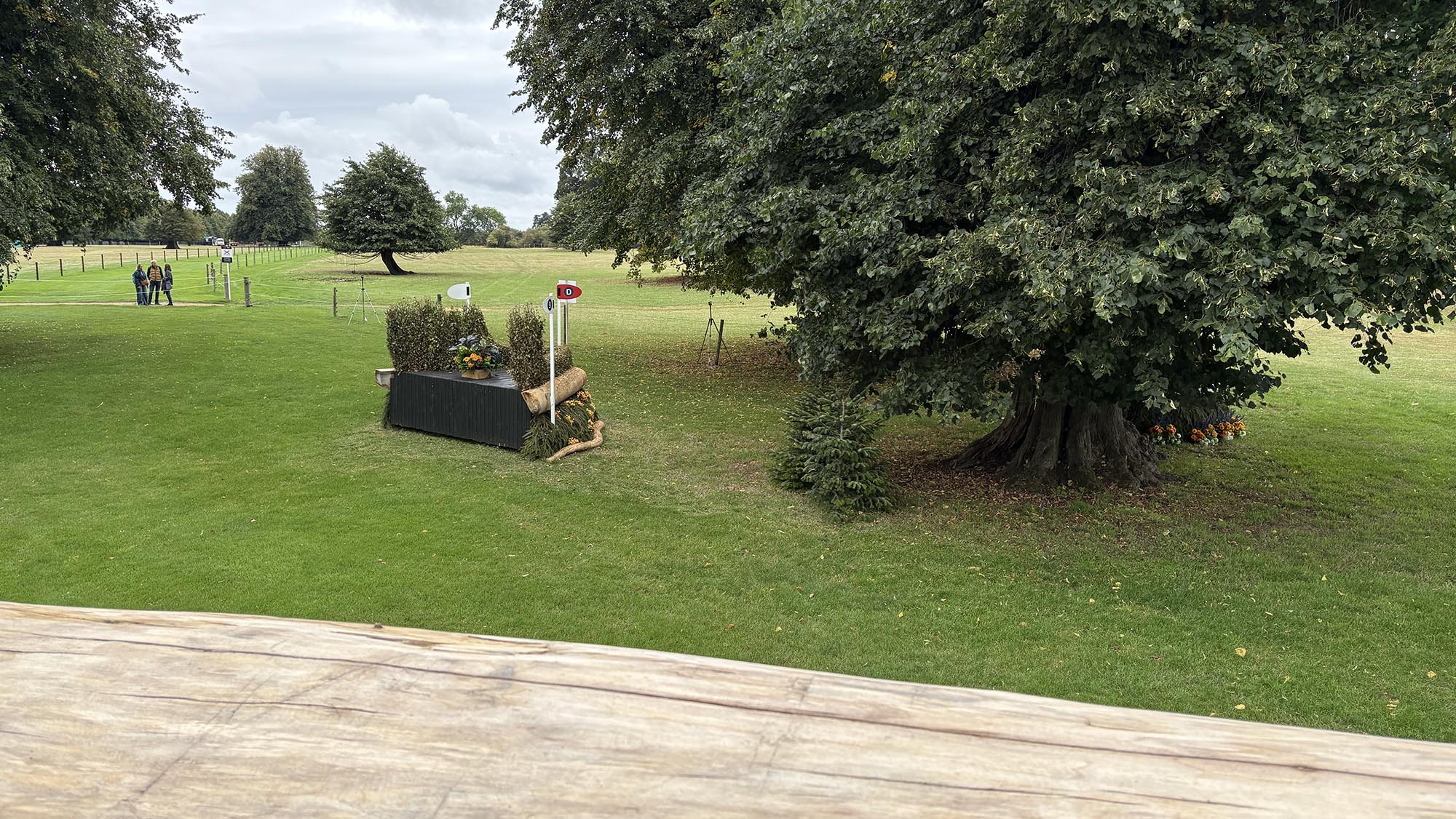 Looking over a log fence on the Burghley cross-country course 2026, down a slope to a brush corner fence