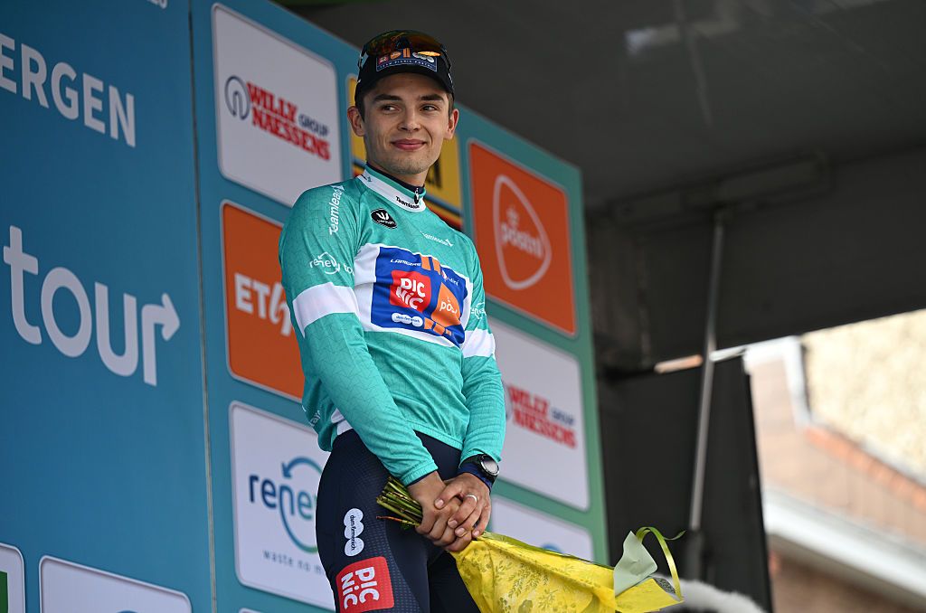 GERAARDSBERGEN, BELGIUM - AUGUST 22: Pavel Bittner of Czech Republic and Team Picnic PostNL celebrates at podium as Green Points Jersey winner during the 20th Renewi Tour 2025, Stage 3 a 181.8km stage from Aalter to Geraardsbergen / #UCIWT / on August 22, 2025 in Geraardsbergen, Belgium. (Photo by Luc Claessen/Getty Images)