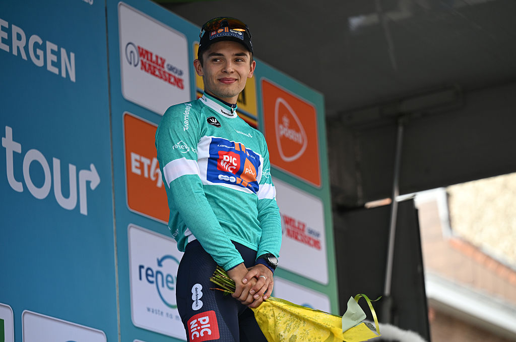 GERAARDSBERGEN, BELGIUM - AUGUST 22: Pavel Bittner of Czech Republic and Team Picnic PostNL celebrates at podium as Green Points Jersey winner during the 20th Renewi Tour 2025, Stage 3 a 181.8km stage from Aalter to Geraardsbergen / #UCIWT / on August 22, 2025 in Geraardsbergen, Belgium. (Photo by Luc Claessen/Getty Images)
