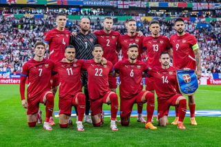 The Serbia starting line-up is photographed before their opening Euro 2024 group stage match against England in Gelsenkirchen, Germany.