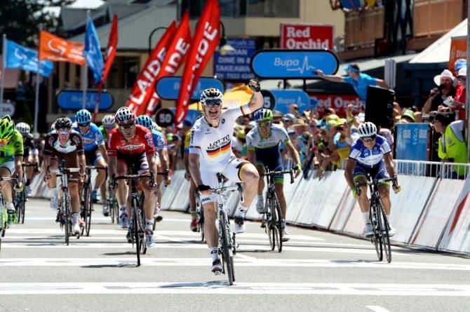 Greipel's white jersey stands out in the sprint finish