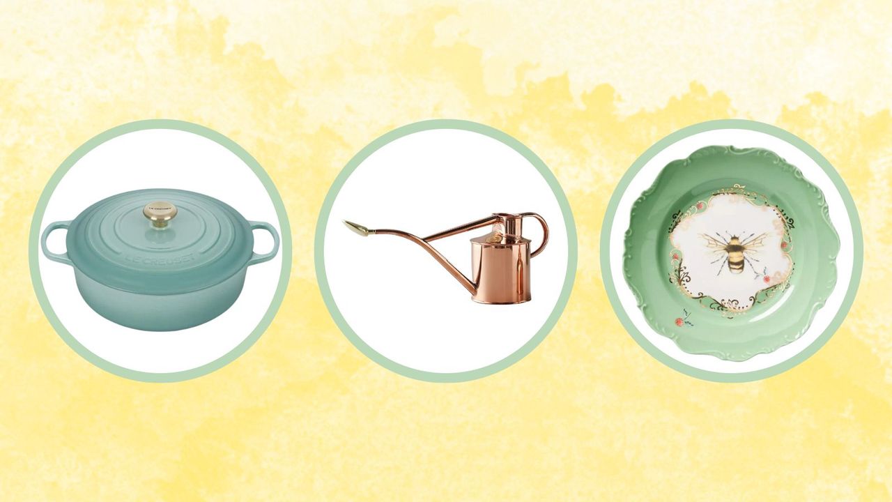 Mother&#039;s day gift ideas including a dutch oven, watering can, and ornate plate on a yellow background