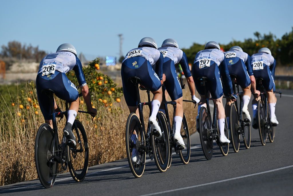 ORIHUELA SPAIN FEBRUARY 05 A general view of Laurent Gervais of Canada Hugo Scala Jr of The United States Kieran Haug of The United States Brendan Rhim of The United States Caleb Classen of The United States Samuel Boardman of The United States Cade Bickmore of The United States and Team Project Echelon Racing sprint during the 76th Volta a la Comunitat Valenciana 2025 Stage 1 a 343km stage from Orihuela to Orihuela on February 05 2025 in Orihuela Spain Photo by Szymon GruchalskiGetty Images