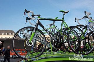 Liquigas-Cannondale had this disc-equipped Cannondale SuperX mounted atop the team car but it seemed like more of a publicity stunt than a proper spare bike for Paris-Roubaix. Don't forget that the UCI has apparently already banned the technology for the 2012 road season