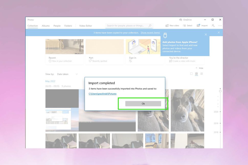 تطبيق صور Windows مع نافذة منبثقة تؤكد اكتمال استيراد الصور. طريقة نقل الصور من الايفون الى الكمبيوتر