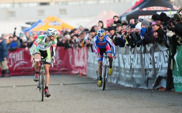 Powers and Johnson giving each other "the look" on the finishing stretch.
