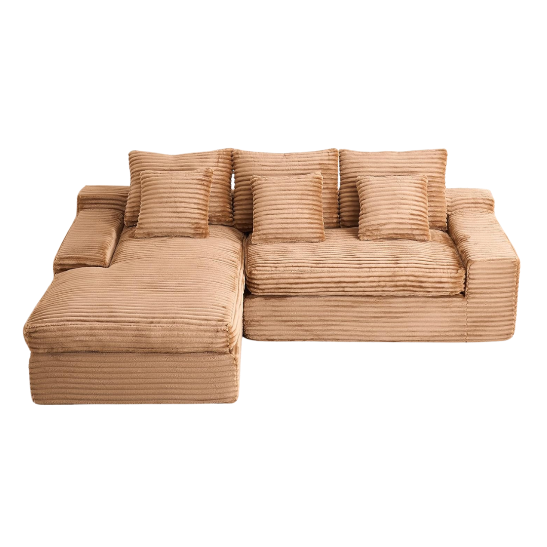 Cudalw Modern Sectional Couches for Living Room With Double Layer Plush Corduroy, Modular Boneless L-Shaped Deep Seat Cloud Couch, Comfortable Compressed Sofa No Assembly Required, Brown