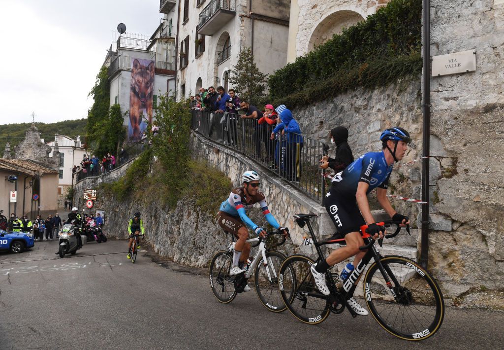 ROCCARASO ITALY OCTOBER 11 Larry Warbasse of The United States and Team Ag2R La Mondiale Ben Oconnor of Australia and NTT Pro Cycling Team Pretoro Village Breakaway Fans Public during the 103rd Giro dItalia 2020 Stage 9 a 207km stage from San Salvo to Roccaraso Aremogna 1658m girodiitalia Giro on October 11 2020 in Roccaraso Italy Photo by Tim de WaeleGetty Images