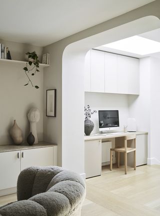 white home office with built in desk