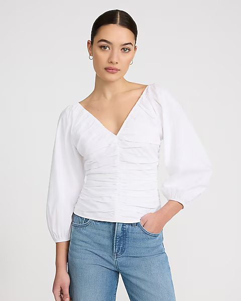 Express, Stretch Cotton V-Neck Ruched Puff Sleeve Top