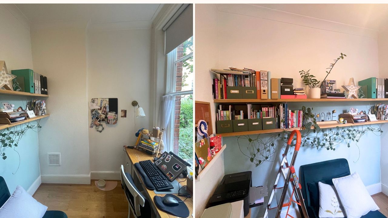 White small room used as an office with wall shelving units