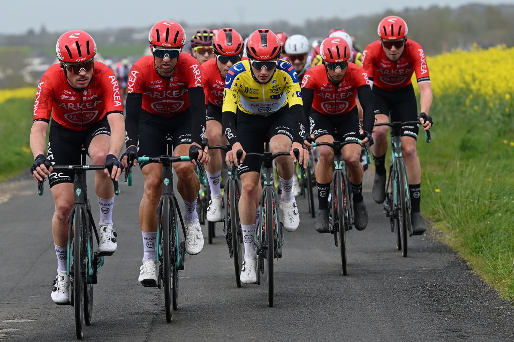 CHATEAUGONTIER FRANCE APRIL 04 LR Alan Riou of France Kevin Ledanois of France Ewen Costiou of France Yellow leader jersey Clement Venturini of France and Mathis Le Berre of France and Team Arkea BB Hotels compete during the 70th Region Pays de la Loire Tour 2024 Stage 3 a 1598km stage from Segre en Anjou Bleu to ChateauGontier on April 04 2024 in ChateauGontier France Photo by Dario BelingheriGetty Images