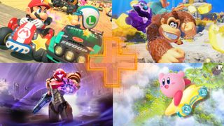 Upcoming Switch 2 games: screenshots of Mario Kart World, Metroid Prime 4, Kirby Air Riders and Donkey Kong Bananza.
