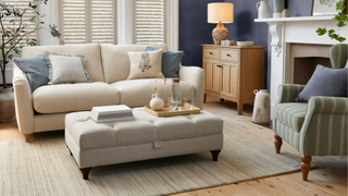blue and neutral living room with storage ottoman