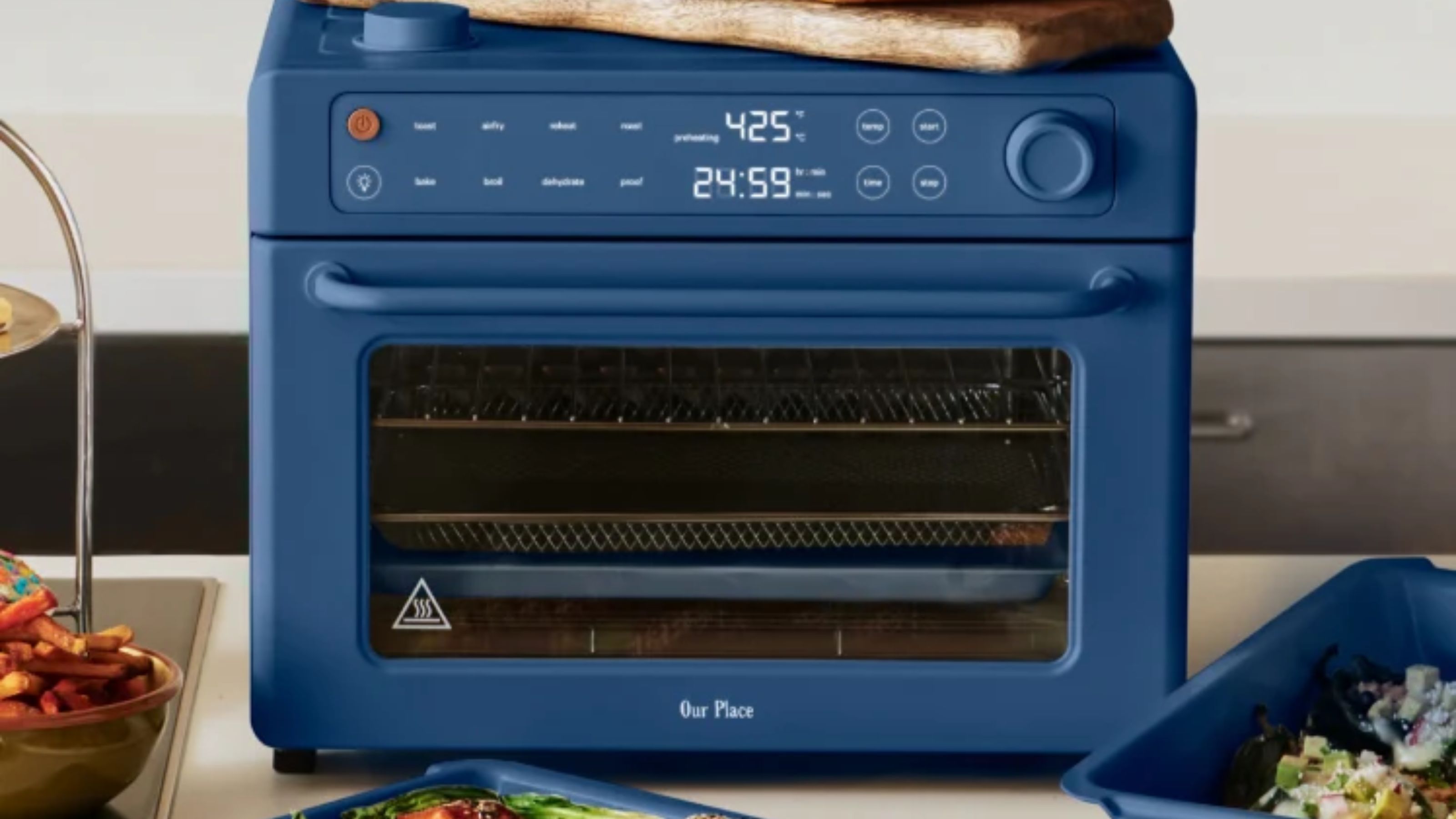 A dark blue countertop air fryer oven 
