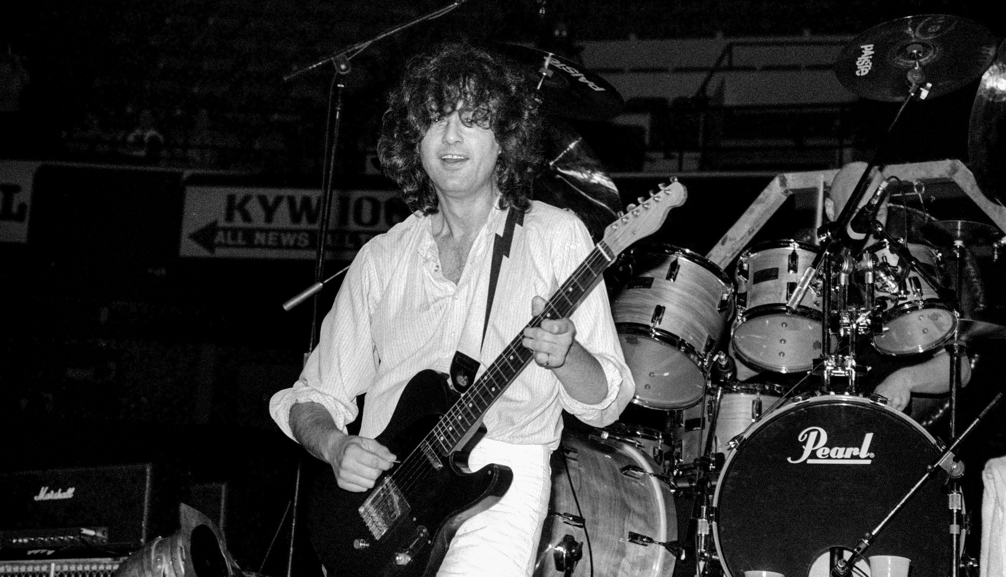 Jimmy Page performs onstage with the Firm at the Meadowlands Arena in East Rutherford, New Jersey on May 9, 1985
