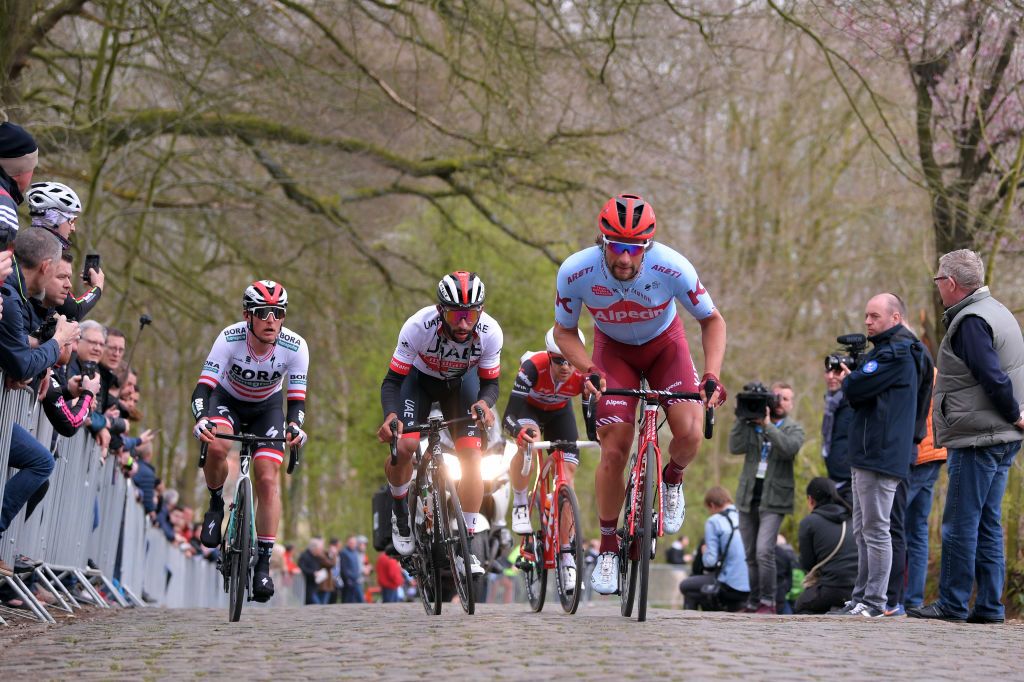 Marco Haller (Katusha-Alpecin) attacks on the Kemmelberg