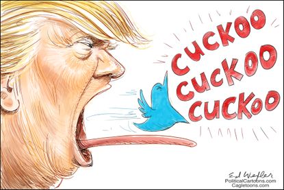 Political Cartoon U.S. President Trump Tweet Twitter schedule Cuckoo clock