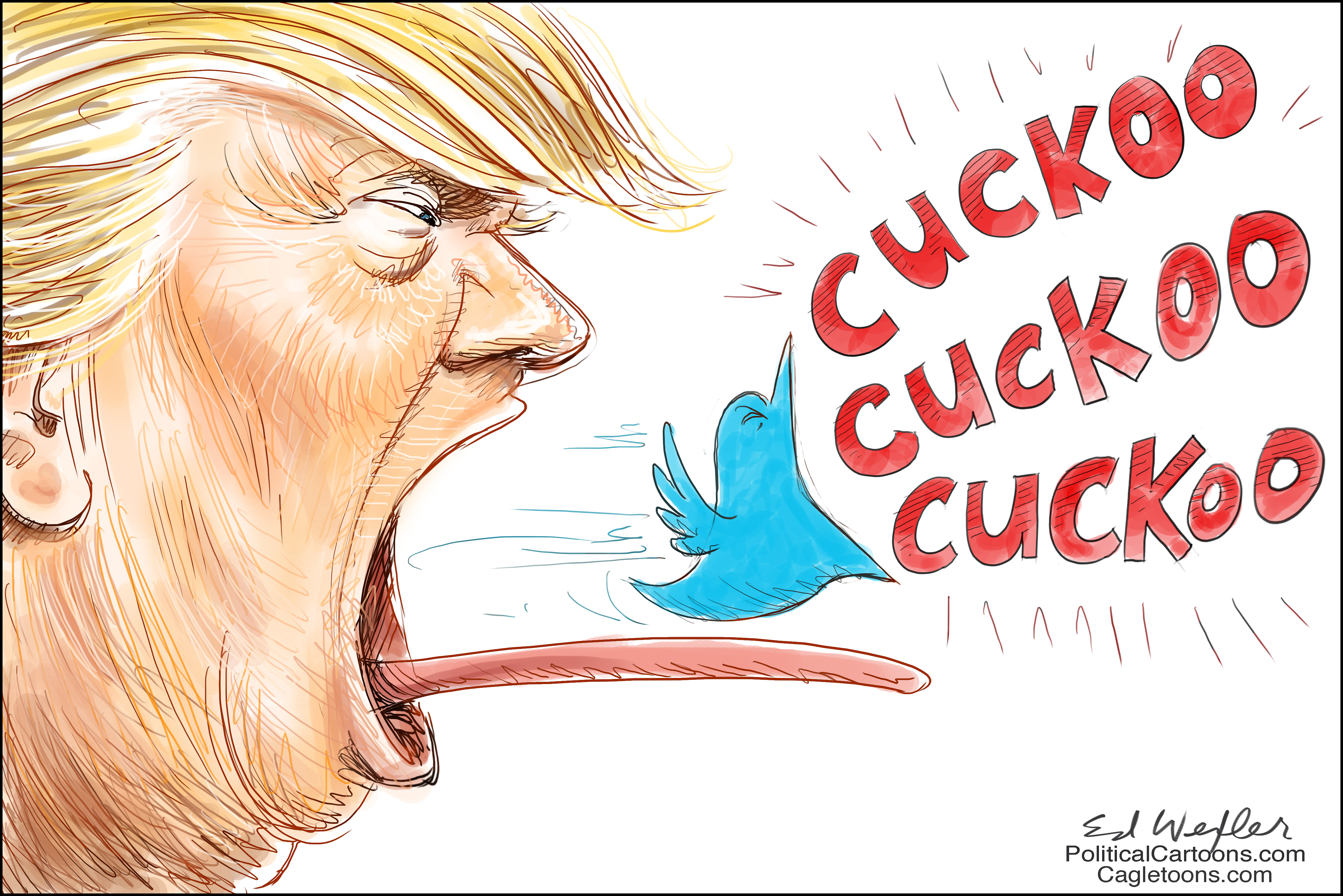 Political Cartoon U.S. President Trump Tweet Twitter schedule Cuckoo clock