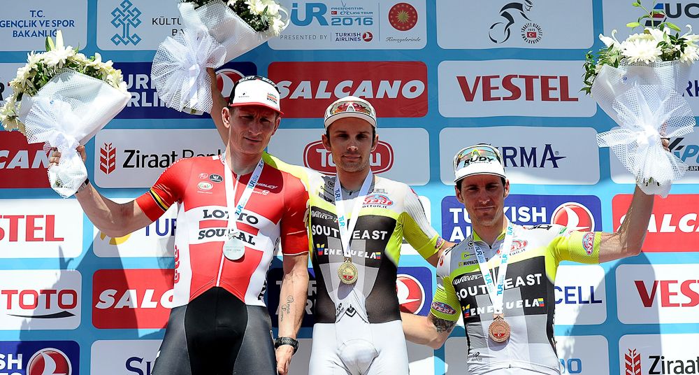 Andre Greipel of Lotto Soudal, Jakub Mareczko of Southeast-Venezuela, and Manuel Belletti of Southeast-Venezuela celebrate on the podium for Stage 5 of the 2016 Tour of Turkey