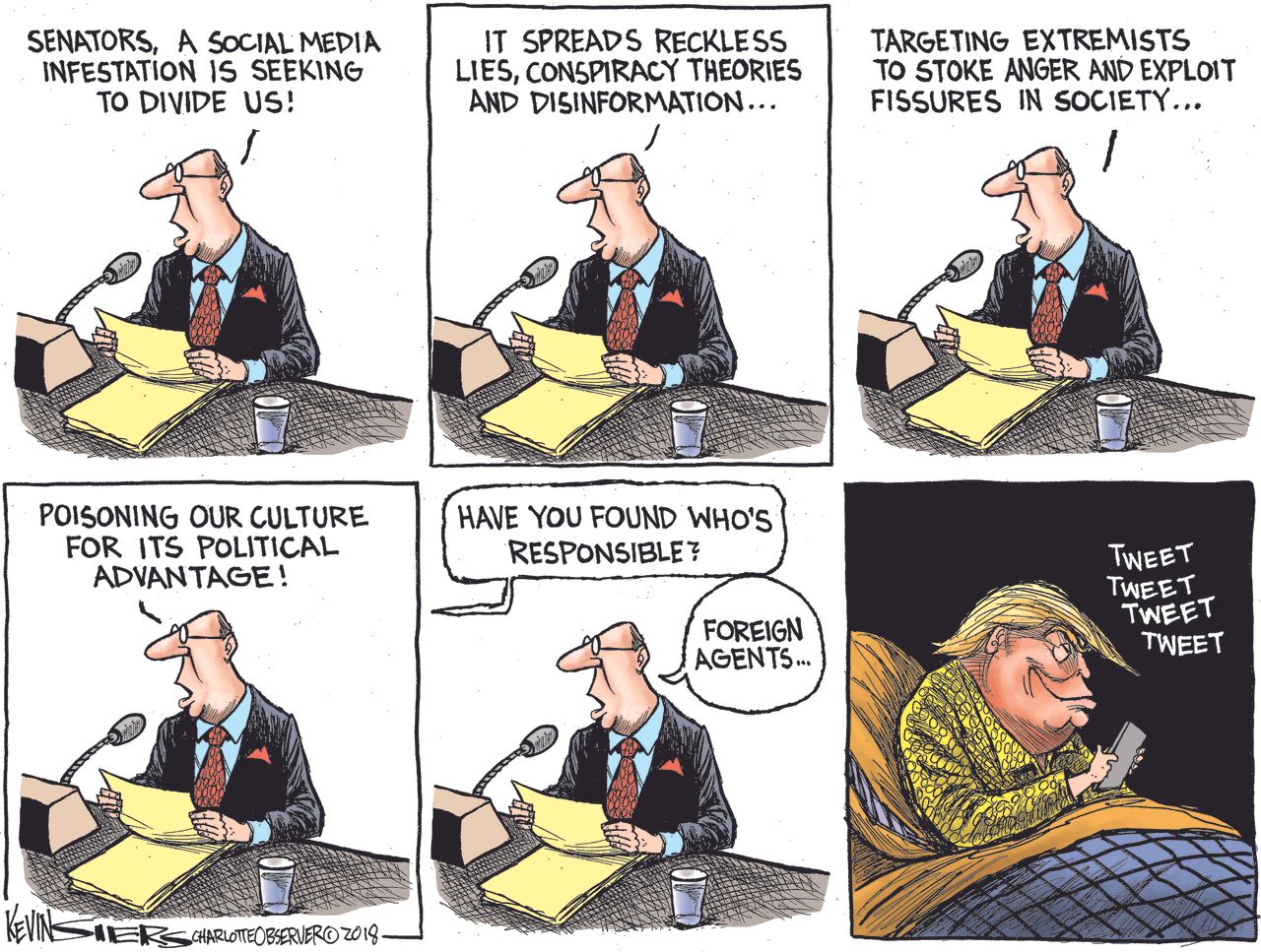 Political cartoon U.S. Trump social media infestation Russia foreign agents White House twitter