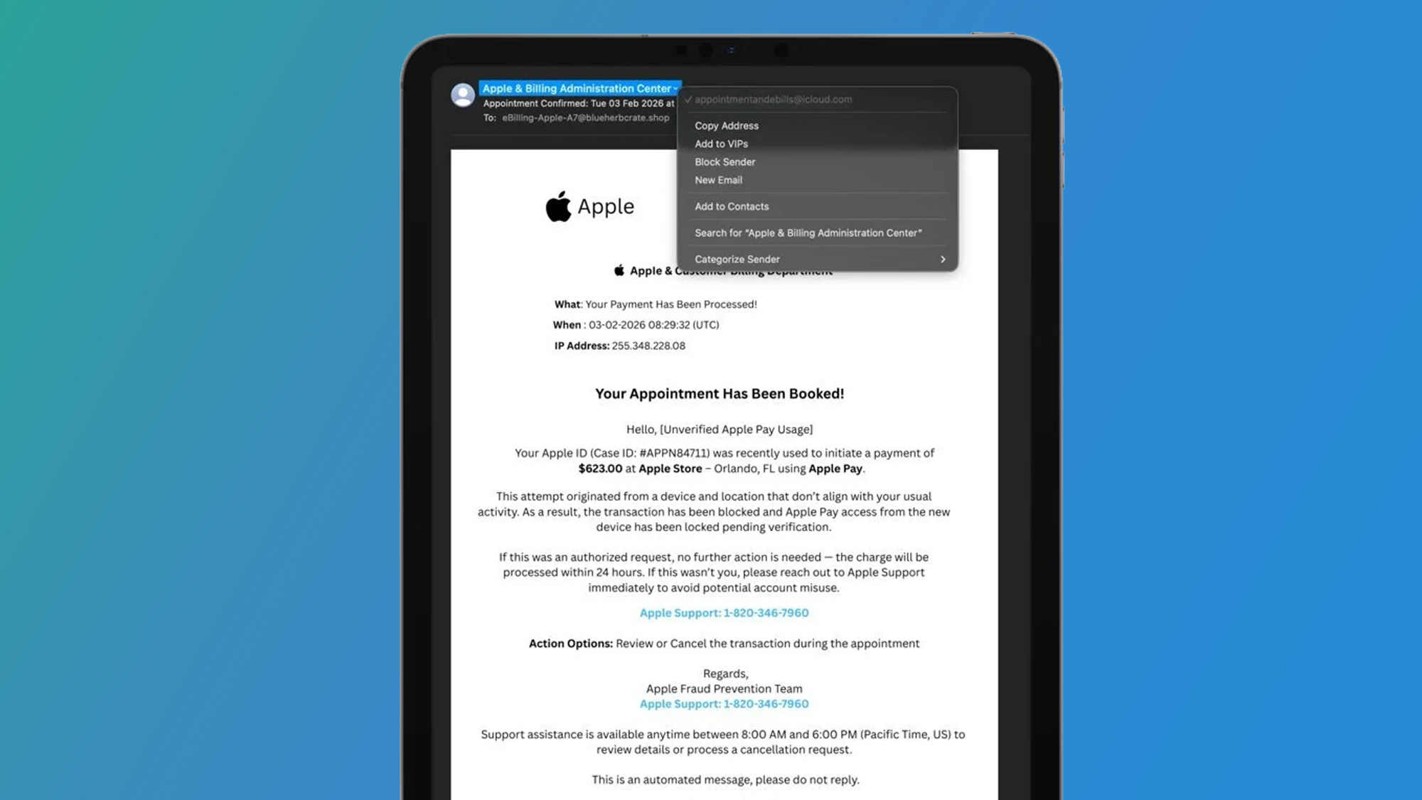 An iPad on a blue background showing a scam email about Apple Pay