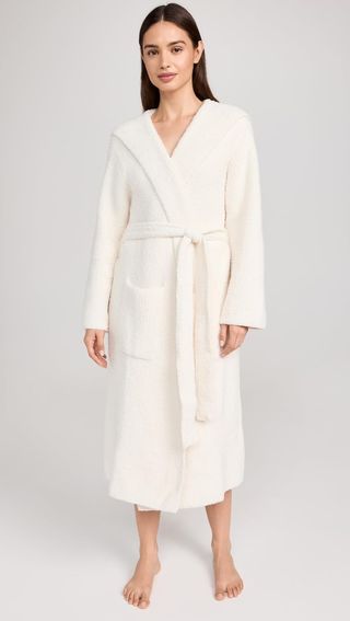 Barefoot Dreams Cozychic Ribbed Hooded Robe, Plush Pool Robe, Long Night Robe, Chic Robe, Classy Robe, Cream, 1