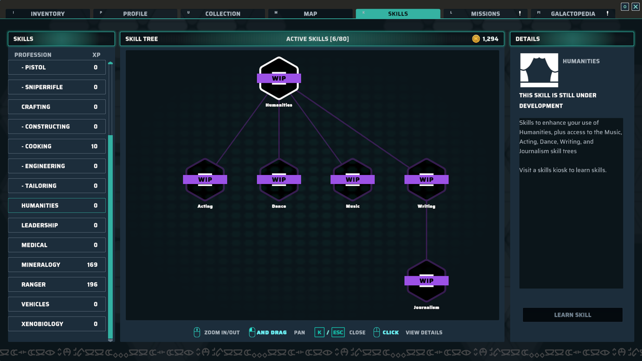 Several screenshots from Stars Reach, including a skill tree with a lot of WIP signs.