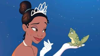 Tiana wears a tiara and formal gloves, and holds a frog in front of the night sky