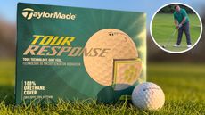 The TaylorMade Tour Response Golf Ball on grass, a golfer lines up a tee shot