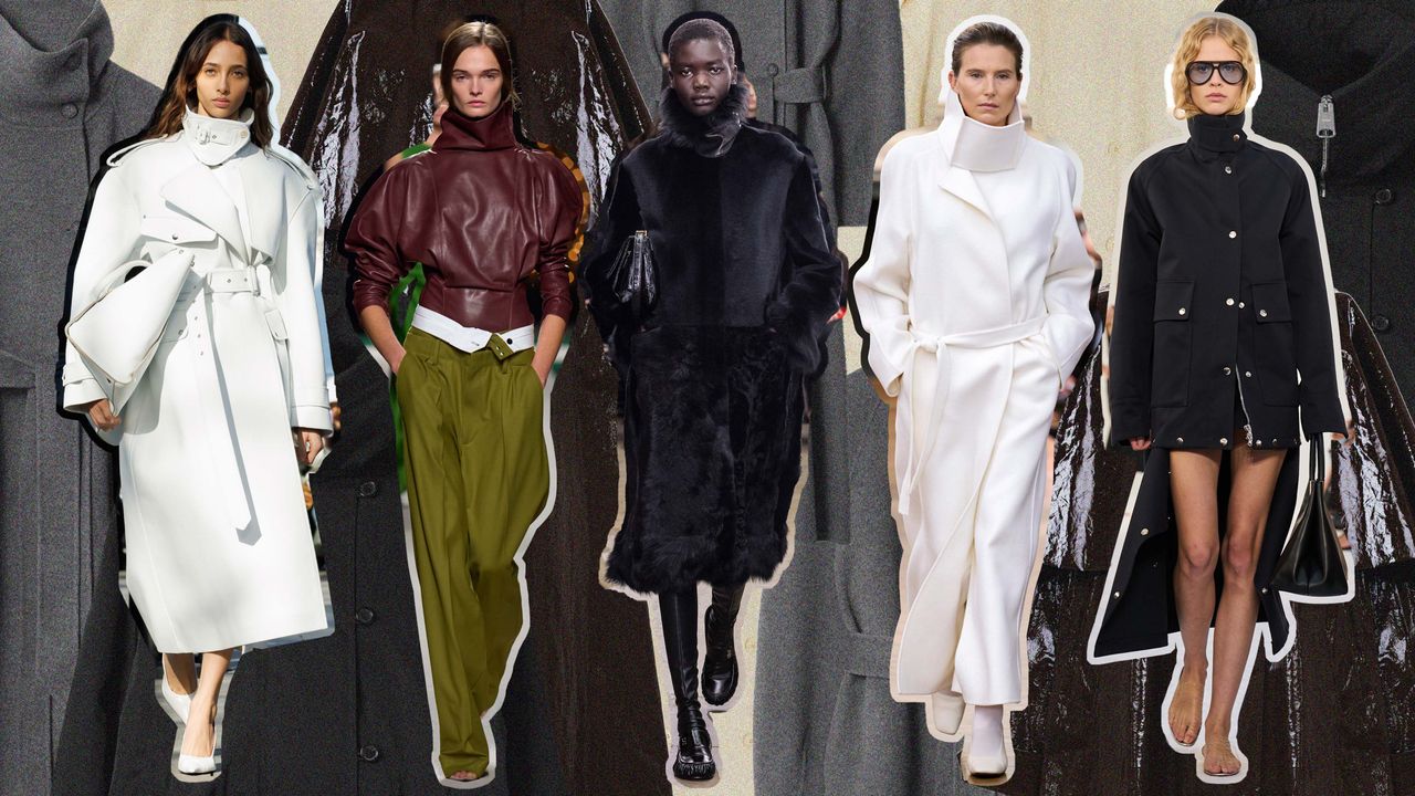 A collage showcasing looks from the F/W 24 and S/S 25 runways that feature funnel-neck coats, jackets, and tops by Stella McCartney, Victoria Beckham, Proenza Schouler, Bevza, and Brandon Maxwell.