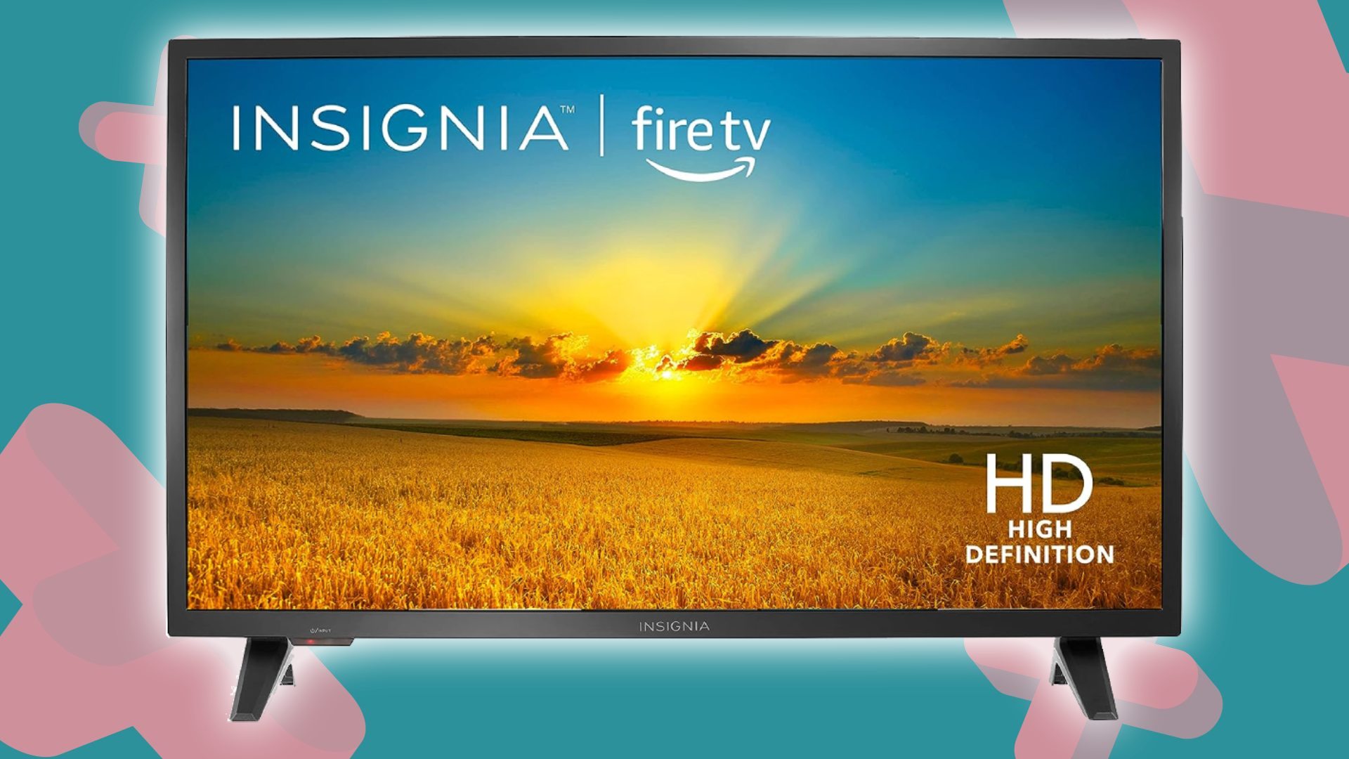 Insignia F20 TV with teal backdrop and pink GamesRadar+ symbols