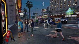 A busy street scene in Grand Theft Auto V.