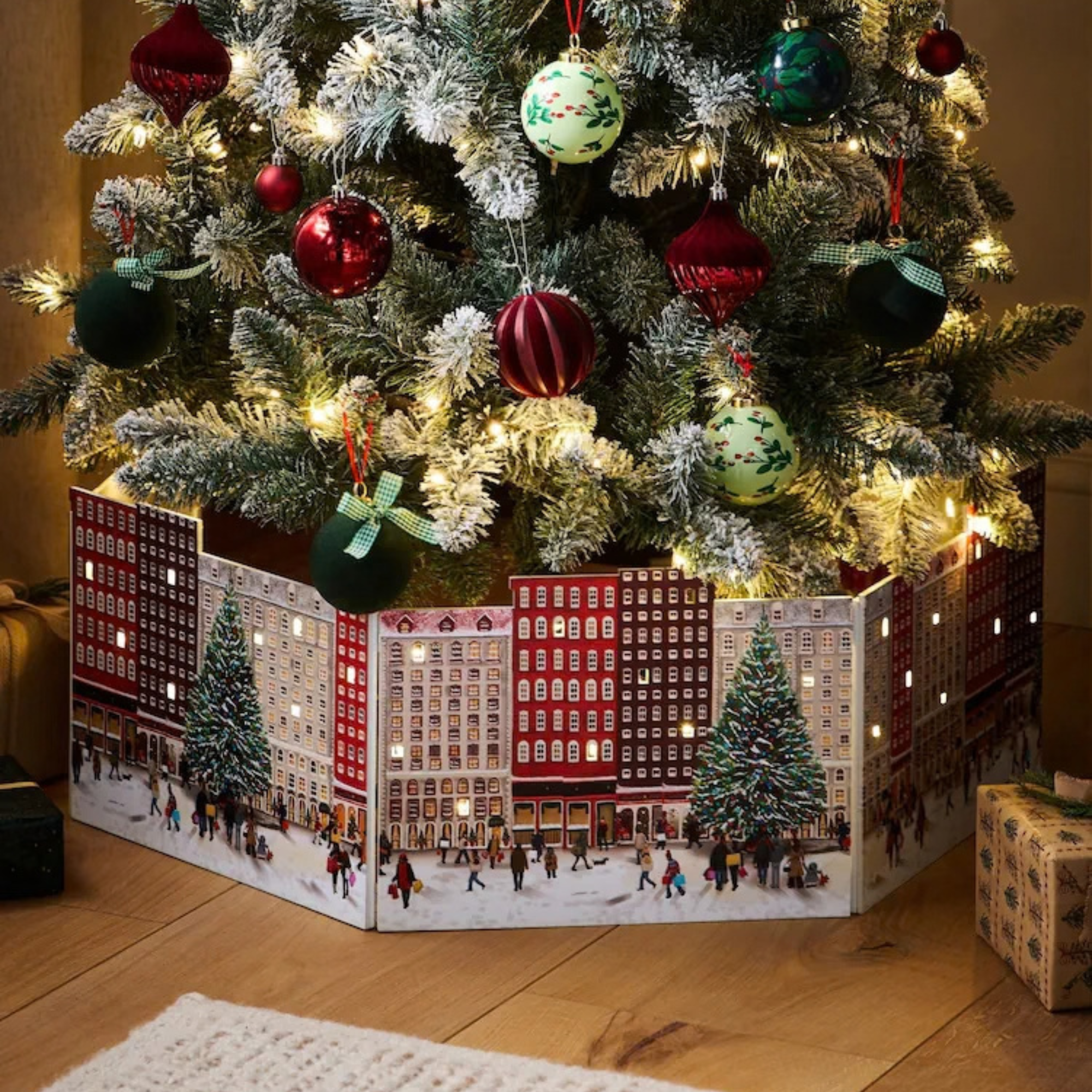 Red Festive Light Up Wooden Tree Skirt.