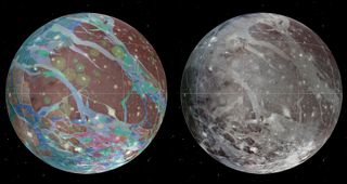 To present the best information in a single view of Jupiter's moon Ganymede, a global image mosaic was assembled, incorporating the best available imagery from NASA's Voyager 1 and 2 spacecraft and NASA's Galileo spacecraft. This image shows Ganymede centered at 200 west longitude. This mosaic (right) served as the base map for the geologic map of Ganymede (left).
