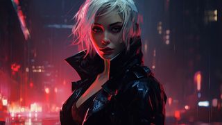A woman in a leather jacket with a glowing face tattoo against a neon cityscape