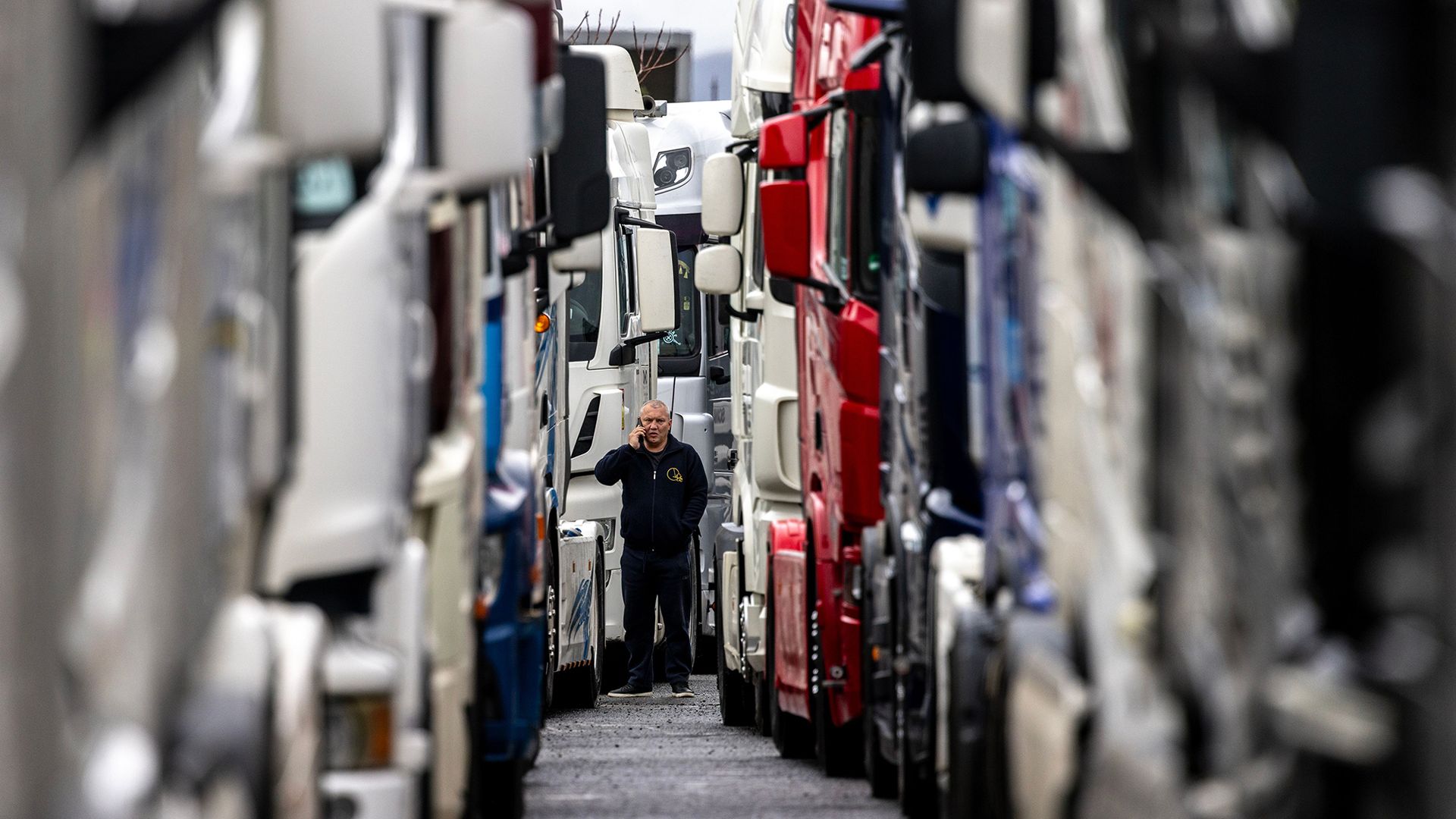 
                                Balkan truck drivers block an EU border crossing terminal to protest the new exit/entry system, near Gevgelija, North Macedonia
                            