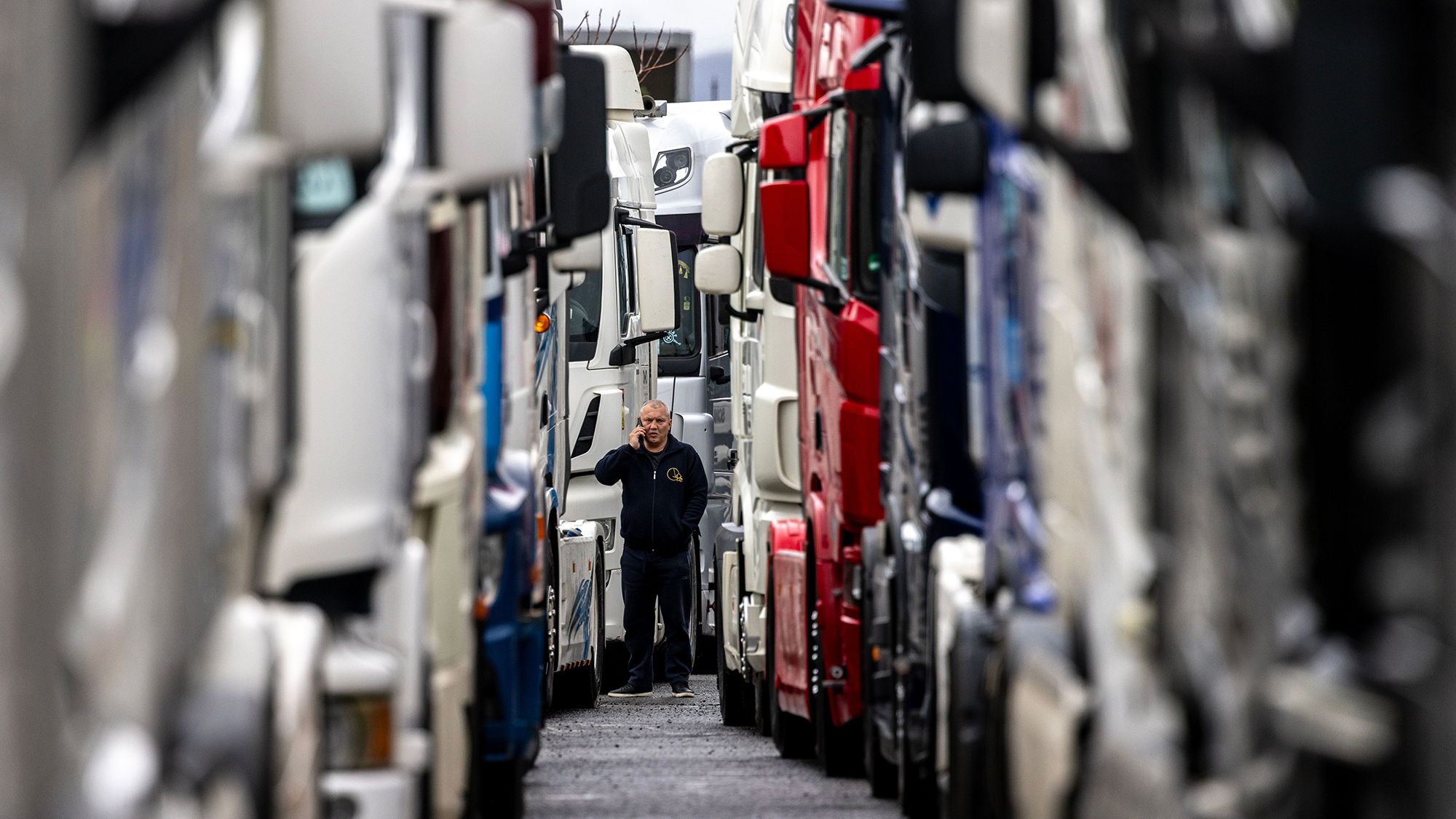 Balkan truck drivers block an EU border crossing terminal to protest the new exit/entry system, near Gevgelija, North Macedonia