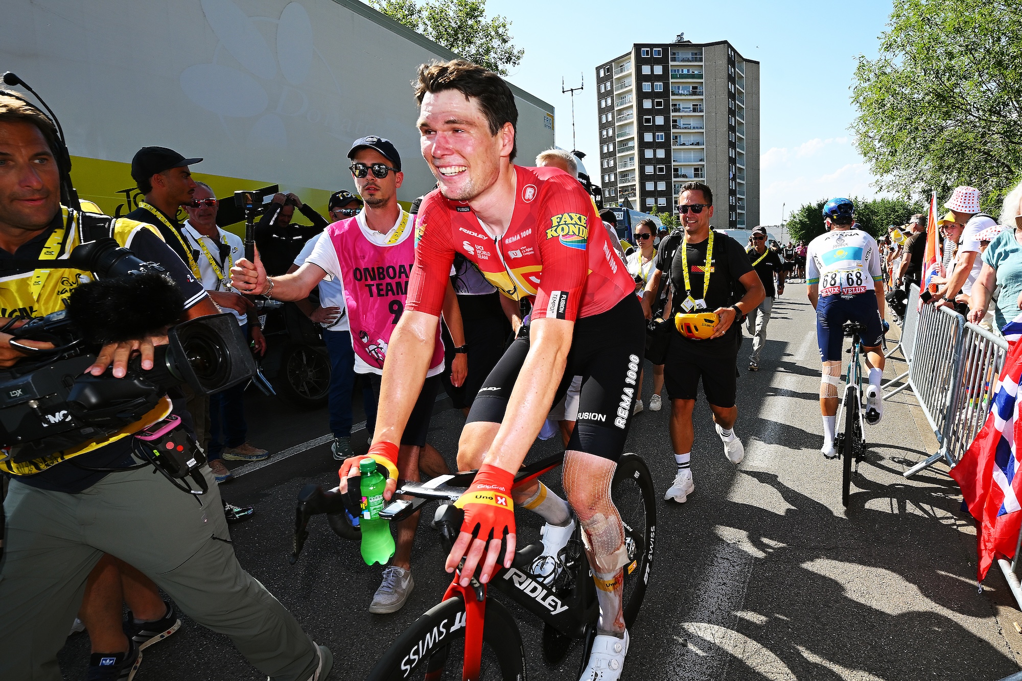 Stage winner Soren Waerenskjold of Uno-X Mobility reacts after stage 11 a 161.3km stage from Vichy to Nevers