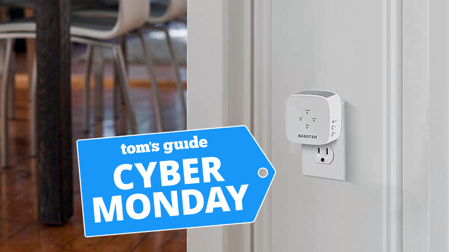 Netgear EX2800 plugged in with cyber monday tag superimposed