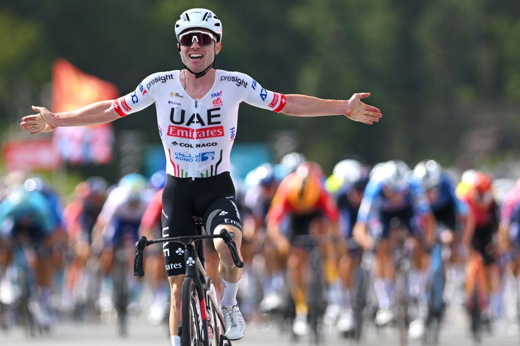 PLOUAY FRANCE AUGUST 25 Marc Hirschi of Switzerland and UAE Team Emirates celebrates at finish line as race winner during the 93rd Bretagne Classic OuestFrance 2024 a 2598km one day race from Plouay to Plouay UCIWT on August 25 2024 in Plouay France Photo by Luc ClaessenGetty Images