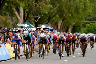 WILLIAMSTOWN AUSTRALIA JANUARY 23 A general view of Ruby RosemanGannon of Australia and Team BikeExchangeJayco Emily Watts of Australia and Knights Of Suburbia Racing Team Nicole Frain of Australia and Team BRoxsolt Liv Sram Matilda Raynolds of Australia and Inform Tmx Make Team Georgia Baker of Australia and Team BikeExchangeJayco and Gina Ricardo of Australia and Team Sydney Uni Staminade Womens Cycling sprint to win the 2nd Santos Festival Of Cycling 2022 Womens Elite Stage 1 a 854km stage from Tanunda to Williamstown TourDownUnder on January 23 2022 in Williamstown Australia Photo by Daniel KaliszGetty Images