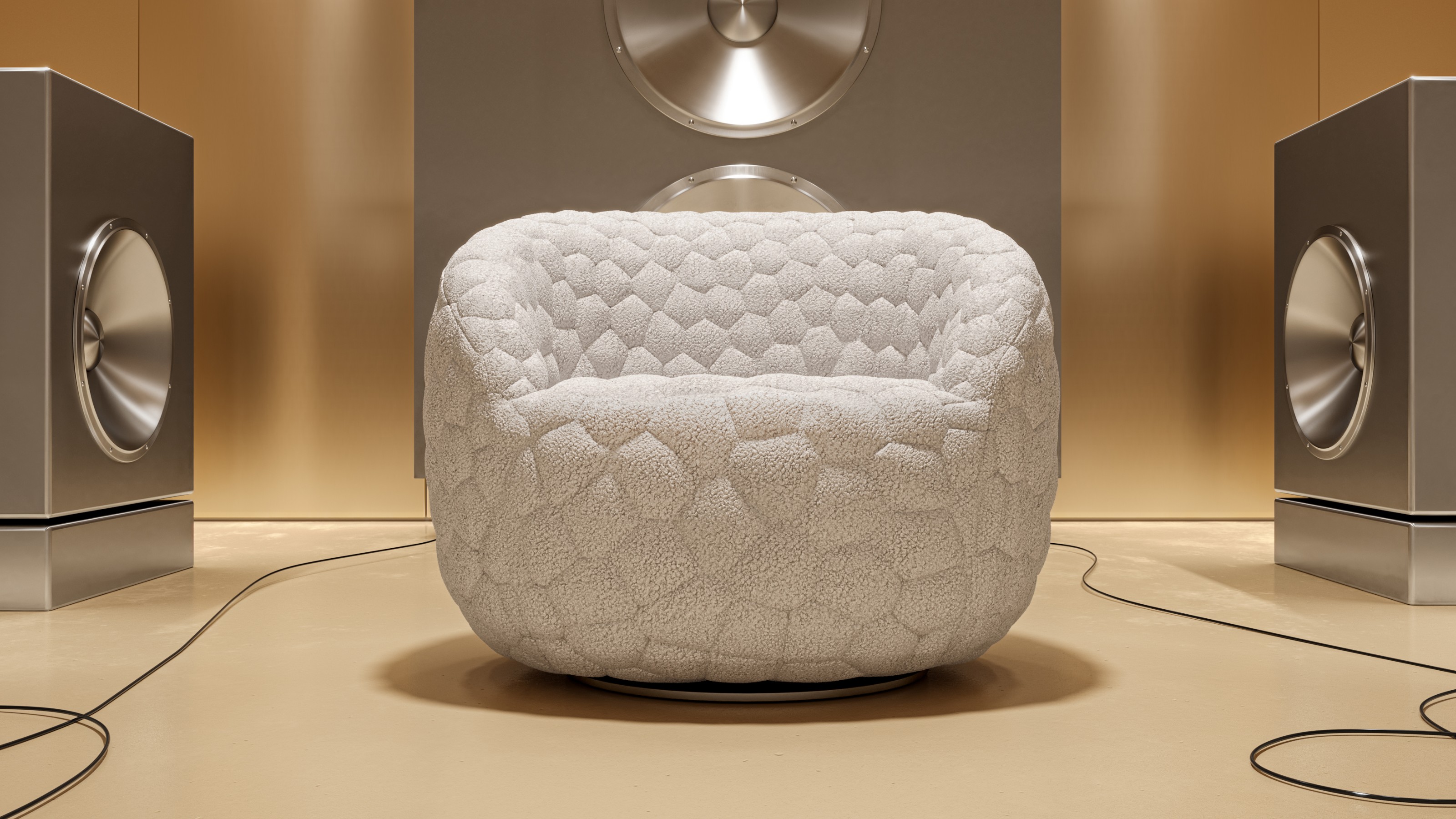 Moooi The Introvert Chair by Robbie Williams in a large open space surrounded by speakers